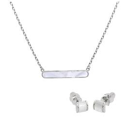 Sterling Silver Domed Mother of Pearl Stud Earrings & 18 Inch Bar Necklace Set
