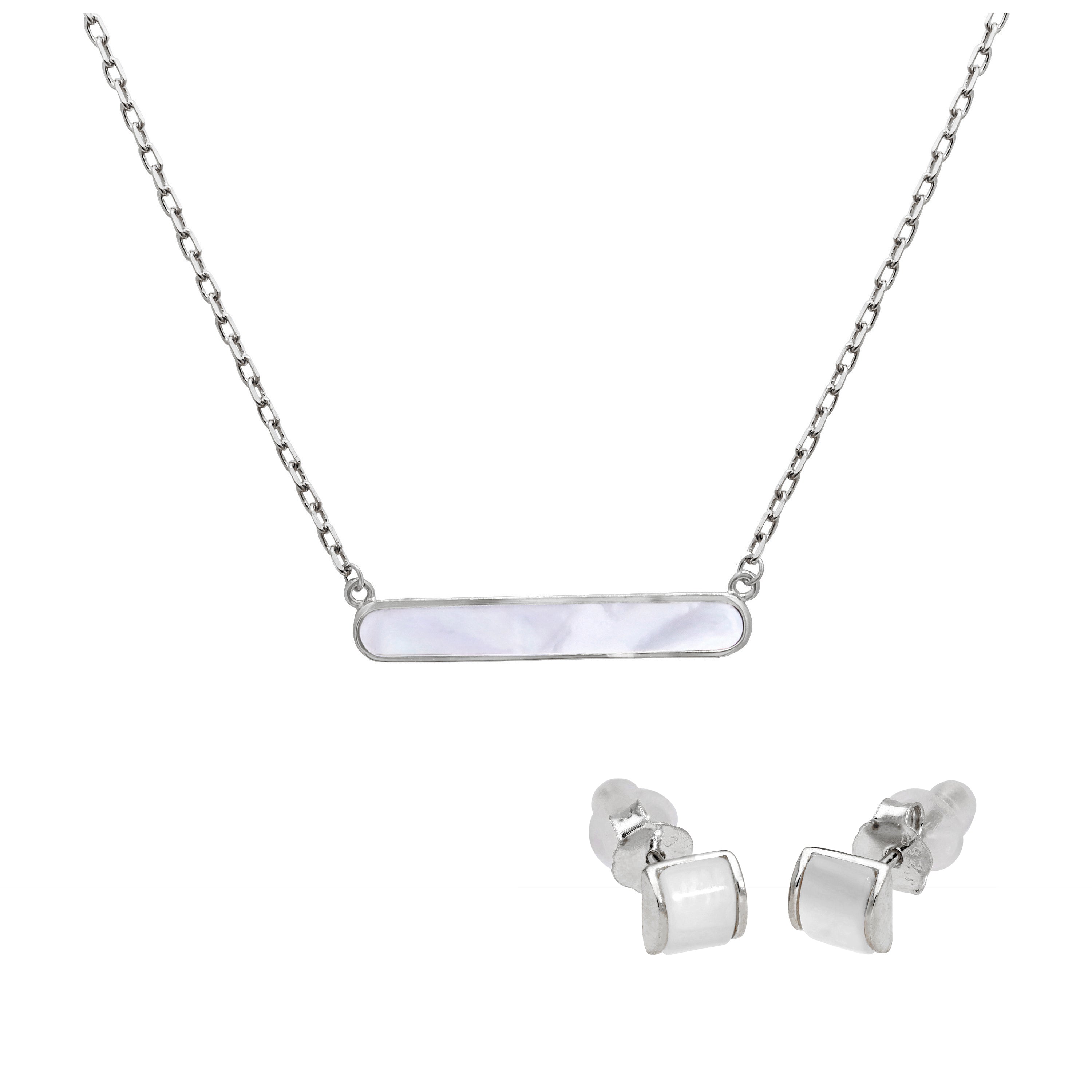 Sterling Silver Domed Mother of Pearl Stud Earrings & 18 Inch Bar Necklace Set