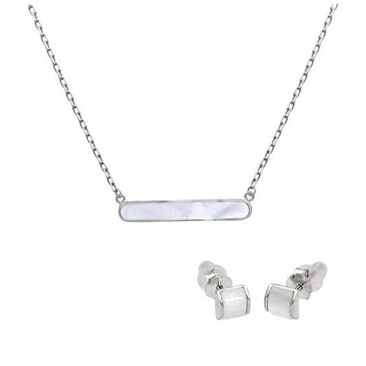 Sterling Silver Domed Mother of Pearl Stud Earrings & 18 Inch Bar Necklace Set