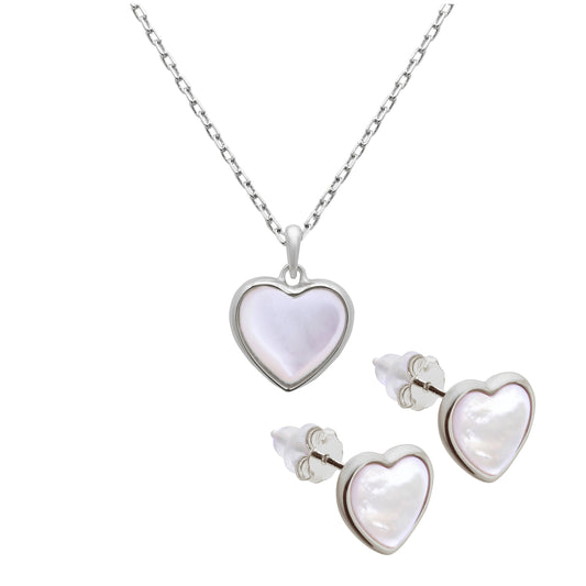 Sterling Silver Mother of Pearl Heart Stud Earrings & 18 Inch Necklace Set