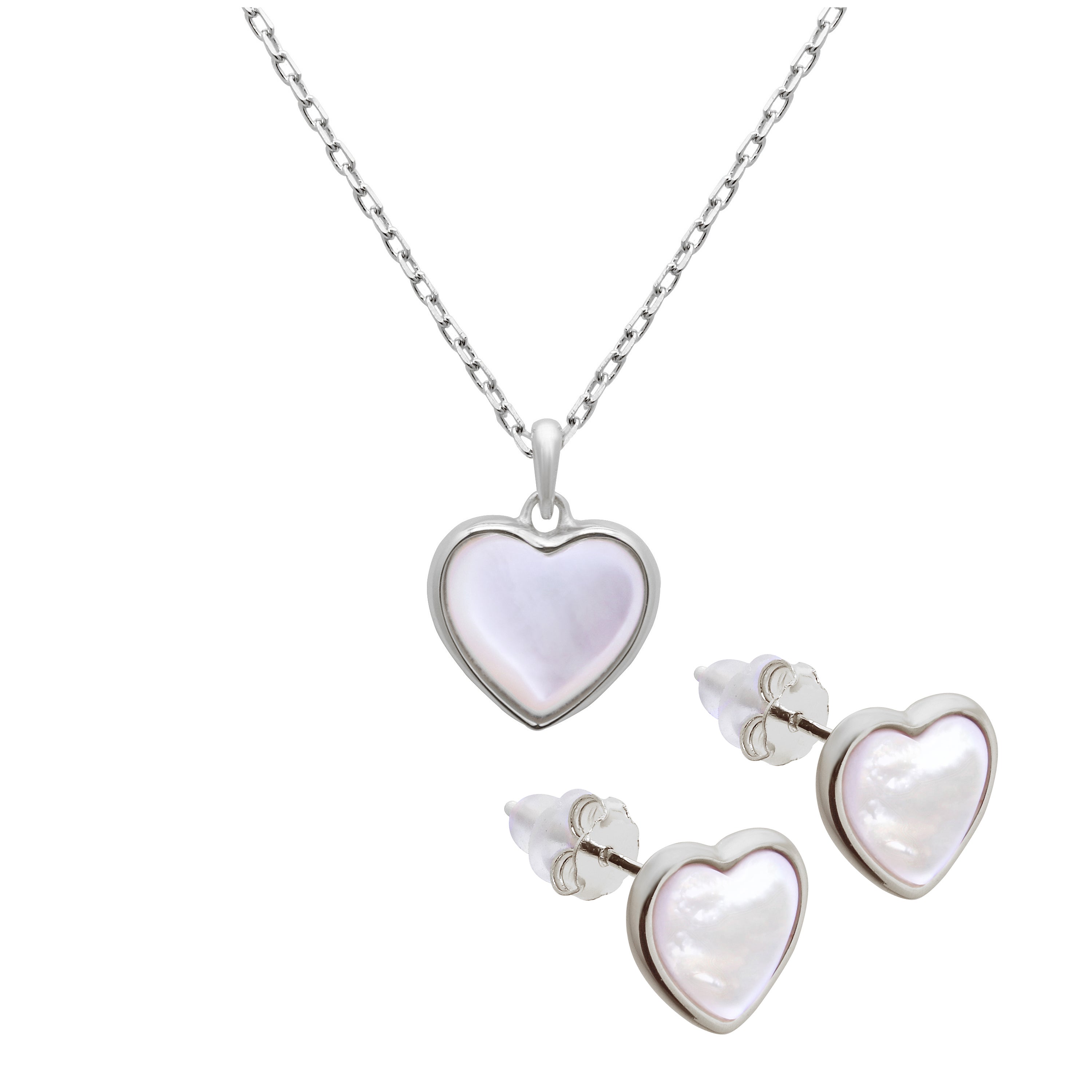 Sterling Silver Mother of Pearl Heart Stud Earrings & 18 Inch Necklace Set