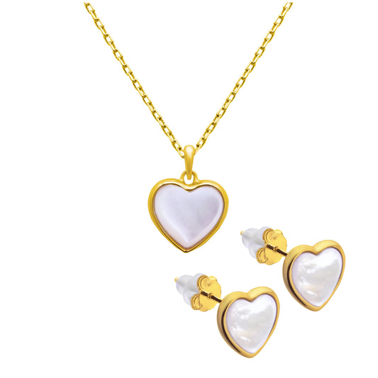 Gold Plated Sterling Silver Mother of Pearl Heart Stud Earrings & 18 Inch Necklace Set