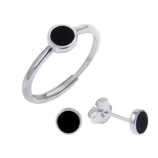 Sterling Silver Black Enamel Minimalist Stud Earrings & Adjustable Ring Set