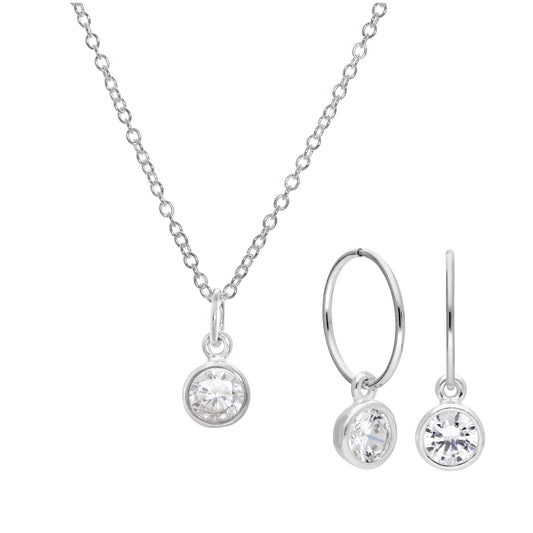 Sterling Silver CZ Rubover 12mm Hoop Earrings & Necklace Set 16-32 Inches