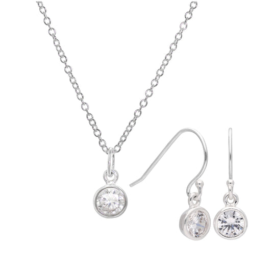 Sterling Silver CZ Rubover Drop Earrings & Necklace Set 16 - 32 Inches