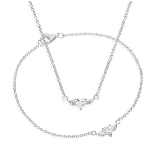 Sterling Silver CZ Heart on Wings Bracelet & Necklace Set