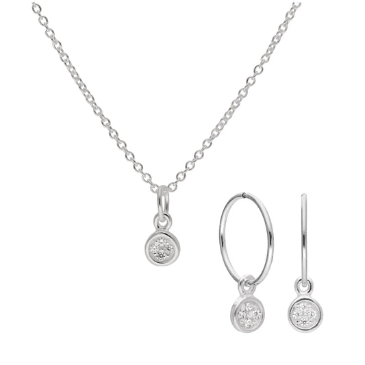 Sterling Silver CZ 12mm Hoop Earrings & Necklace Set 16-32 Inches