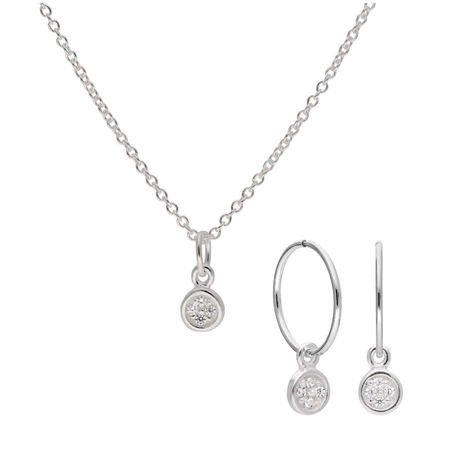 Sterling Silver CZ 12mm Hoop Earrings & Necklace Set 16-32 Inches