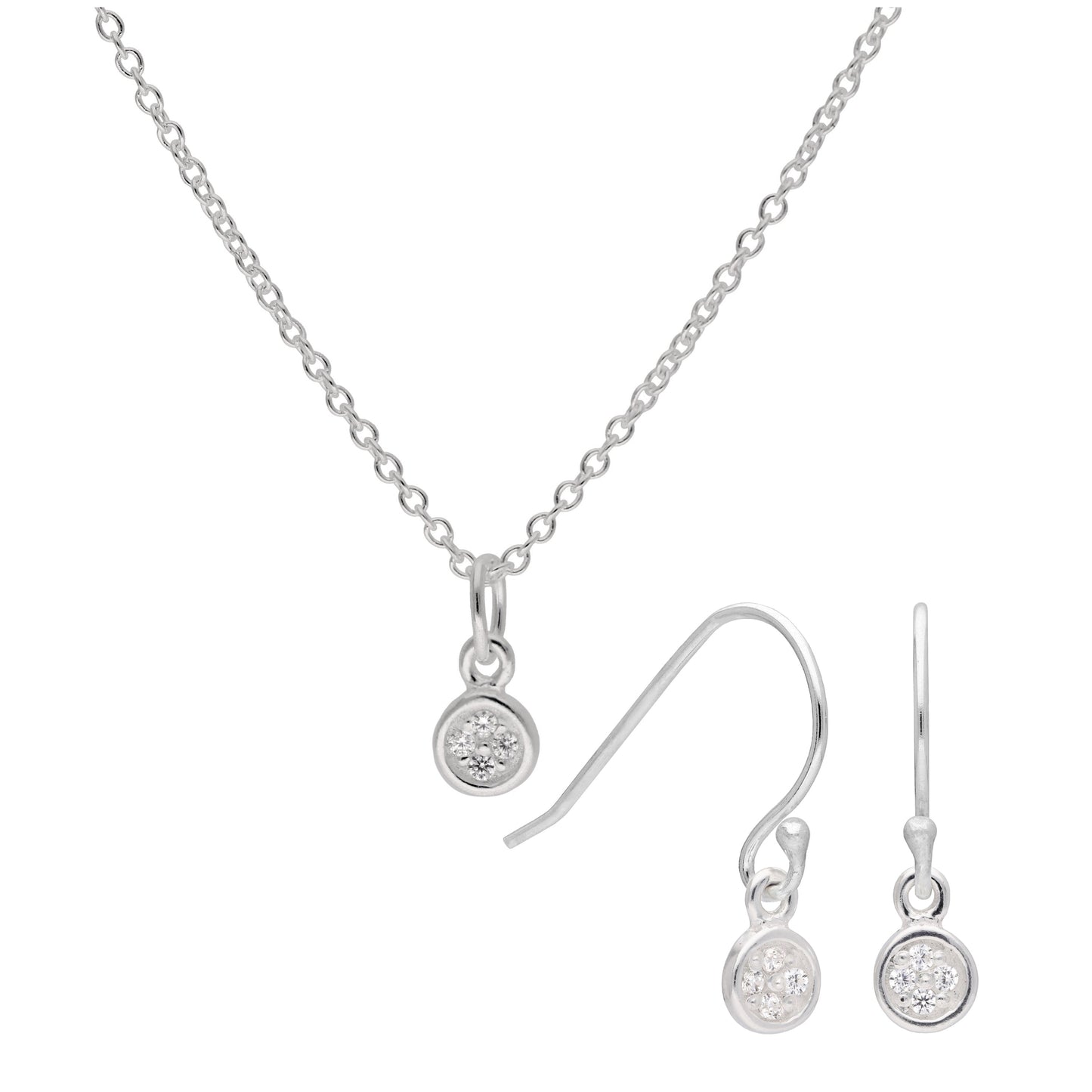 Sterling Silver CZ Round Pave Drop Earrings & Necklace Set 16-32 Inches