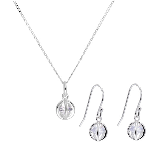 Sterling Silver CZ Ball Drop Earrings & Necklace Set 14-22 Inches
