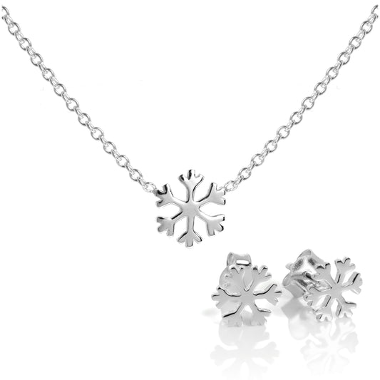 Sterling Silver Snowflake Stud Earrings & 18 Inch Necklace Set