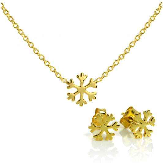 Gold Plated Sterling Silver Snowflake Stud Earrings & 18 Inch Necklace Set
