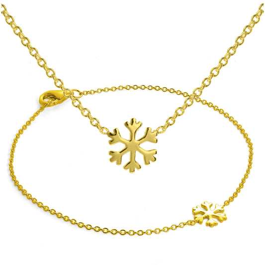 Gold Plated Sterling Silver Snowflake Bracelet Necklace Set