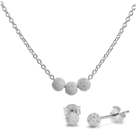 Sterling Silver 4mm Frosted Ball Stud Earrings Snowball Necklace Set
