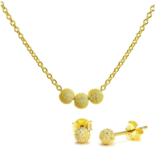 Gold Plated Sterling Silver 4mm Frosted Ball Stud Earrings & 18 Inch Triple Snowball Necklace Set - jewellerybox