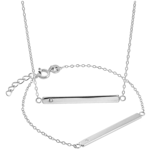 Sterling Silver CZ Engravable Bar Necklace & ID Bracelet Set