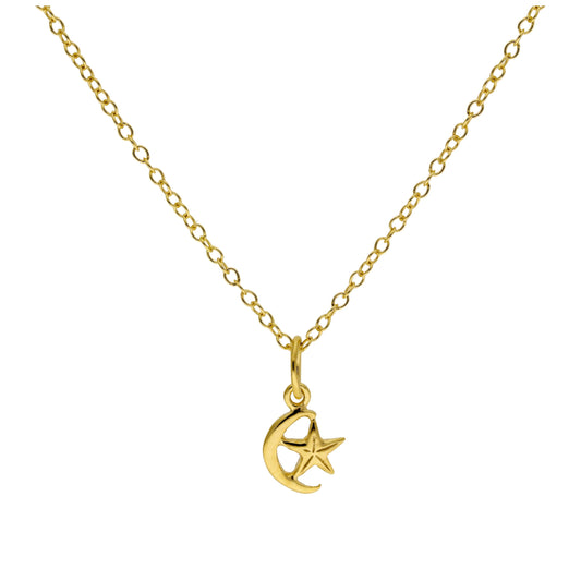 Gold Plated Tiny Sterling Silver Crescent Moon & Star Necklace 14 - 22 Inches
