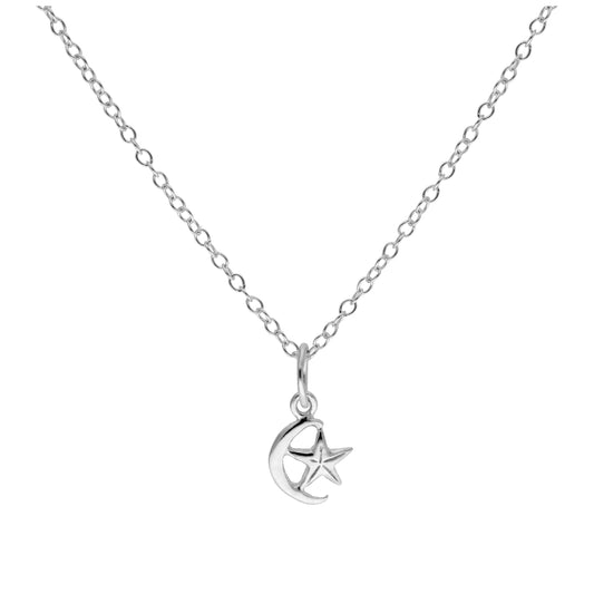 Tiny Sterling Silver Crescent Moon & Star Necklace 14 - 28 Inches