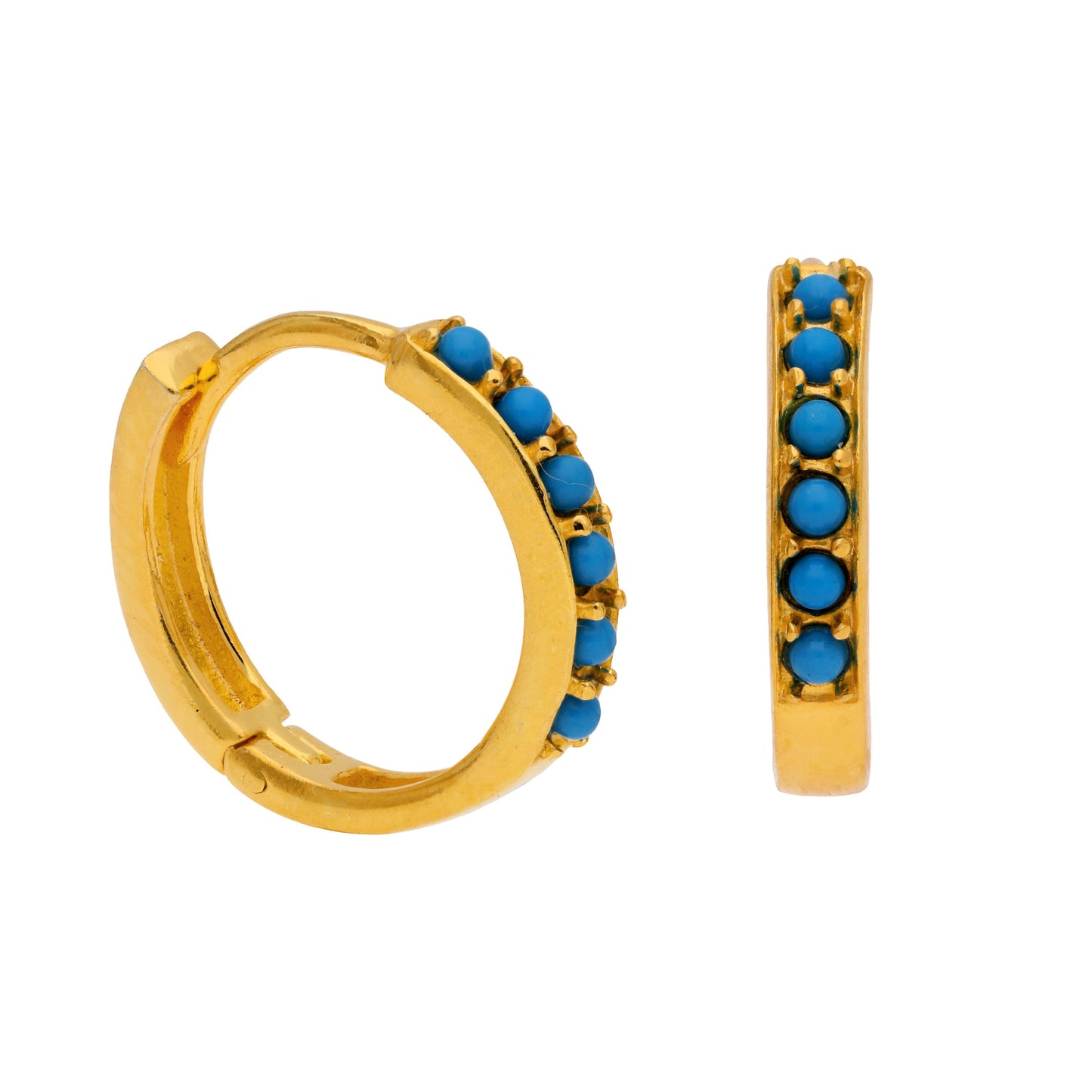 Gold Plated Sterling Silver Turquoise CZ Pave 15mm Huggie Hoop Earrings