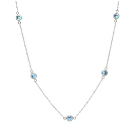 Sterling Silver Multi Aquamarine CZ March Birthstone Rub Over Necklace