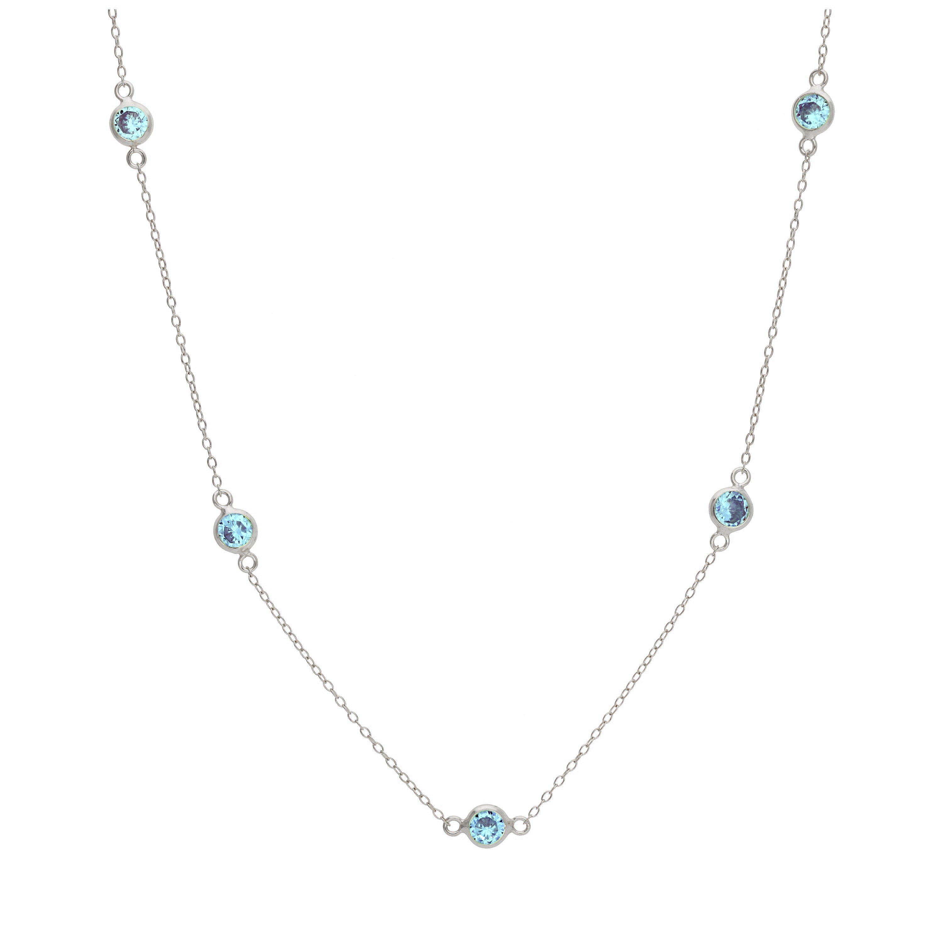 Sterling Silver Multi Aquamarine CZ March Birthstone Rub Over Necklace