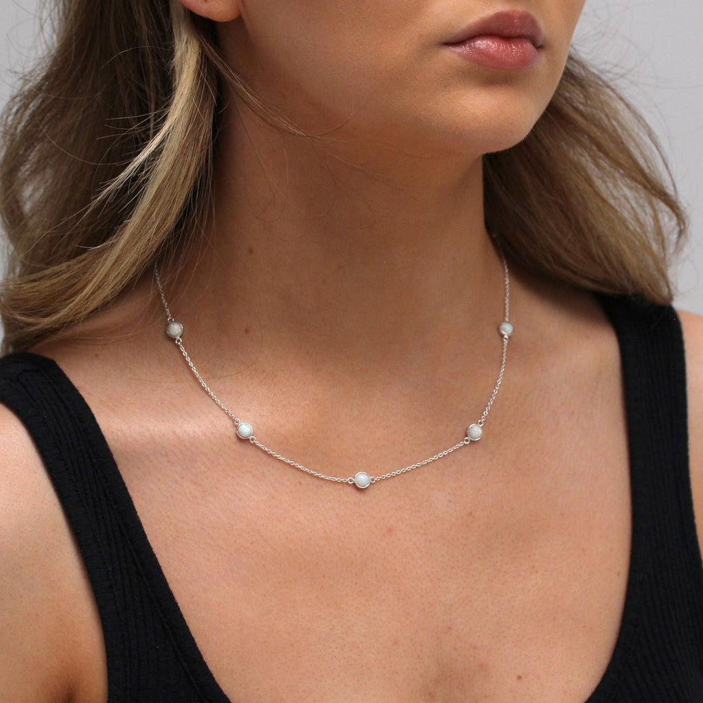 Sterling Silver Multi CZ Opal Rub Over Necklace 16+2 Inches