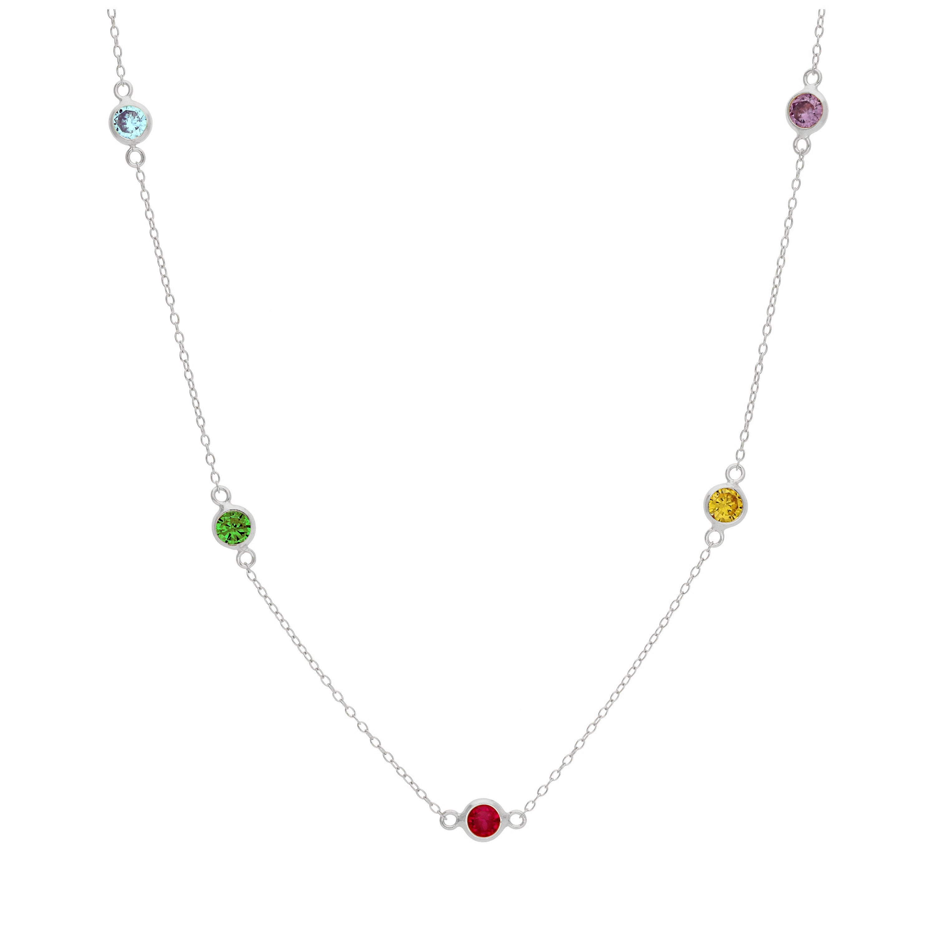 Sterling Silver Multi Rainbow CZ Rub Over Necklace 16+2 Inches