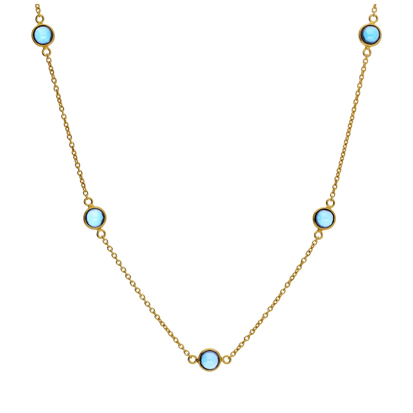 Gold Plated Sterling Silver Multi Aquamarine CZ March Birthstone Rub Over Necklace