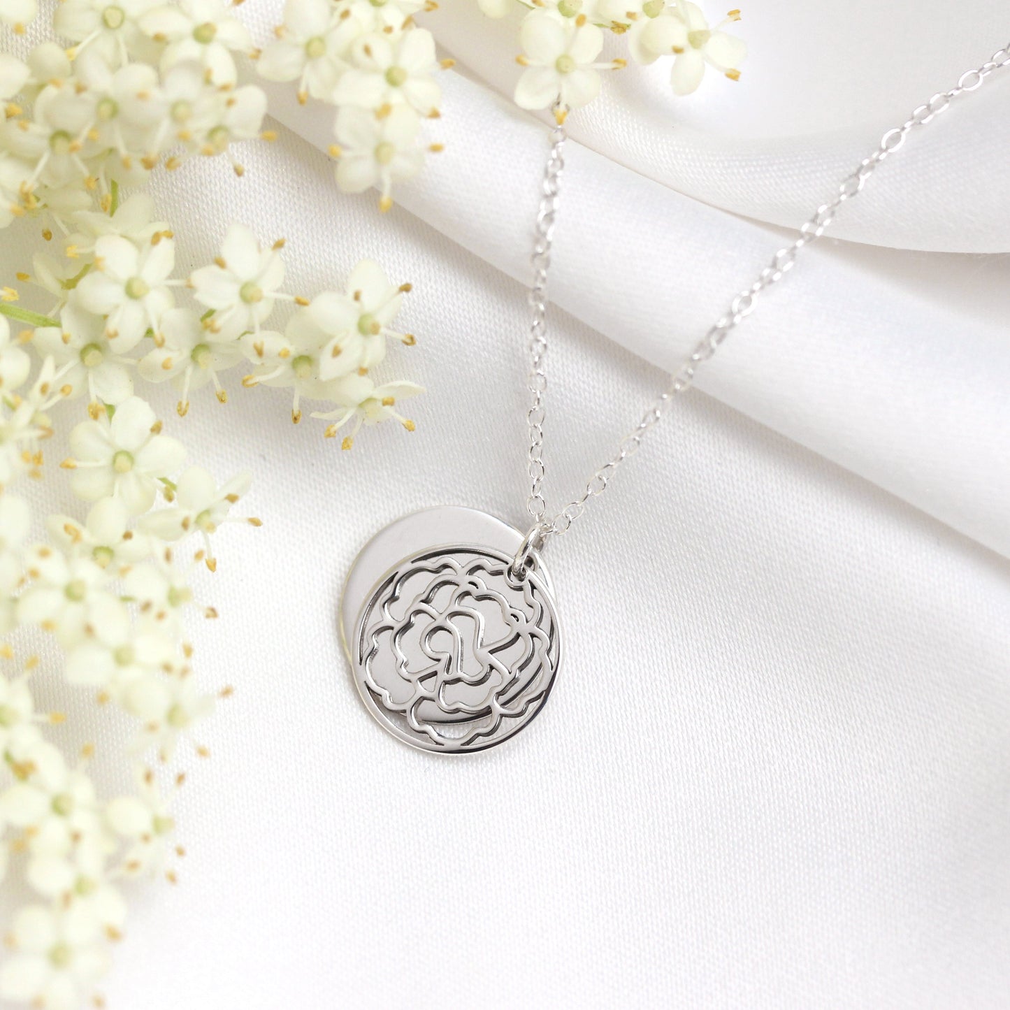 Sterling Silver January Carnation Birth Flower & 13mm Engravable Tag Necklace 14 - 22 Inches