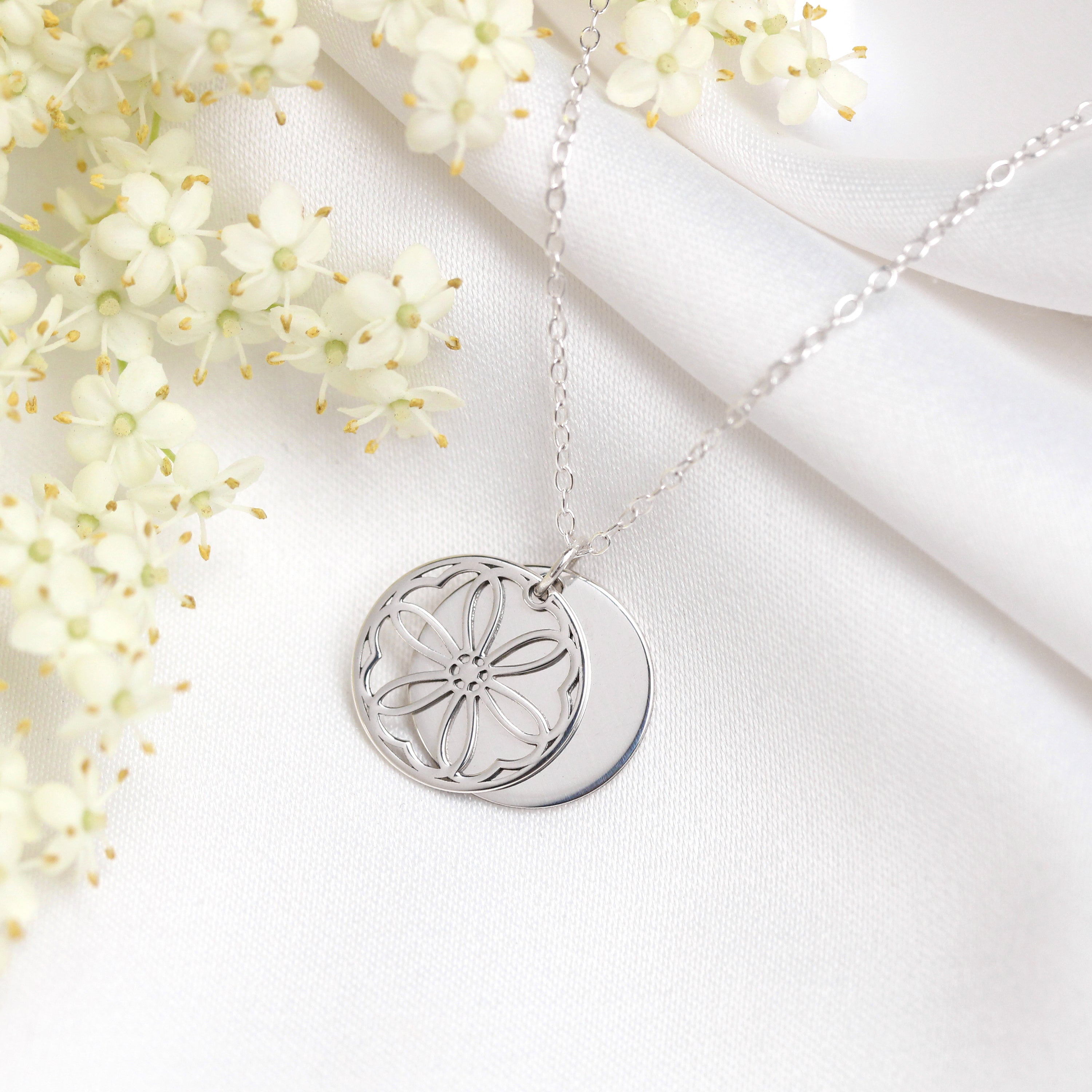 Sterling Silver February Violet Birth Flower & 13mm Engravable Tag Necklace 14 - 22 Inches