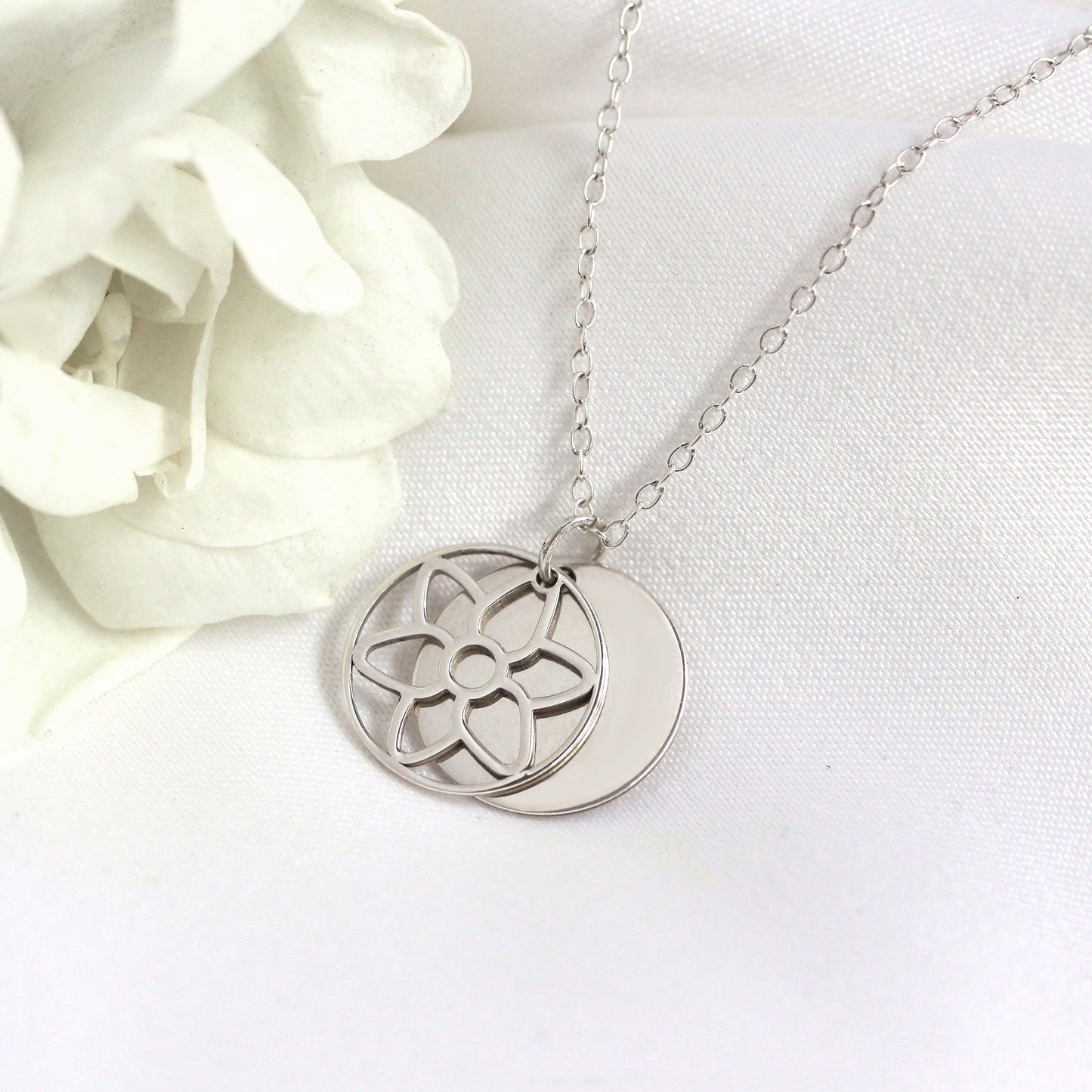 Sterling Silver August Gladiolus Birth Flower & 13mm Engravable Tag Necklace 14 - 22 Inches