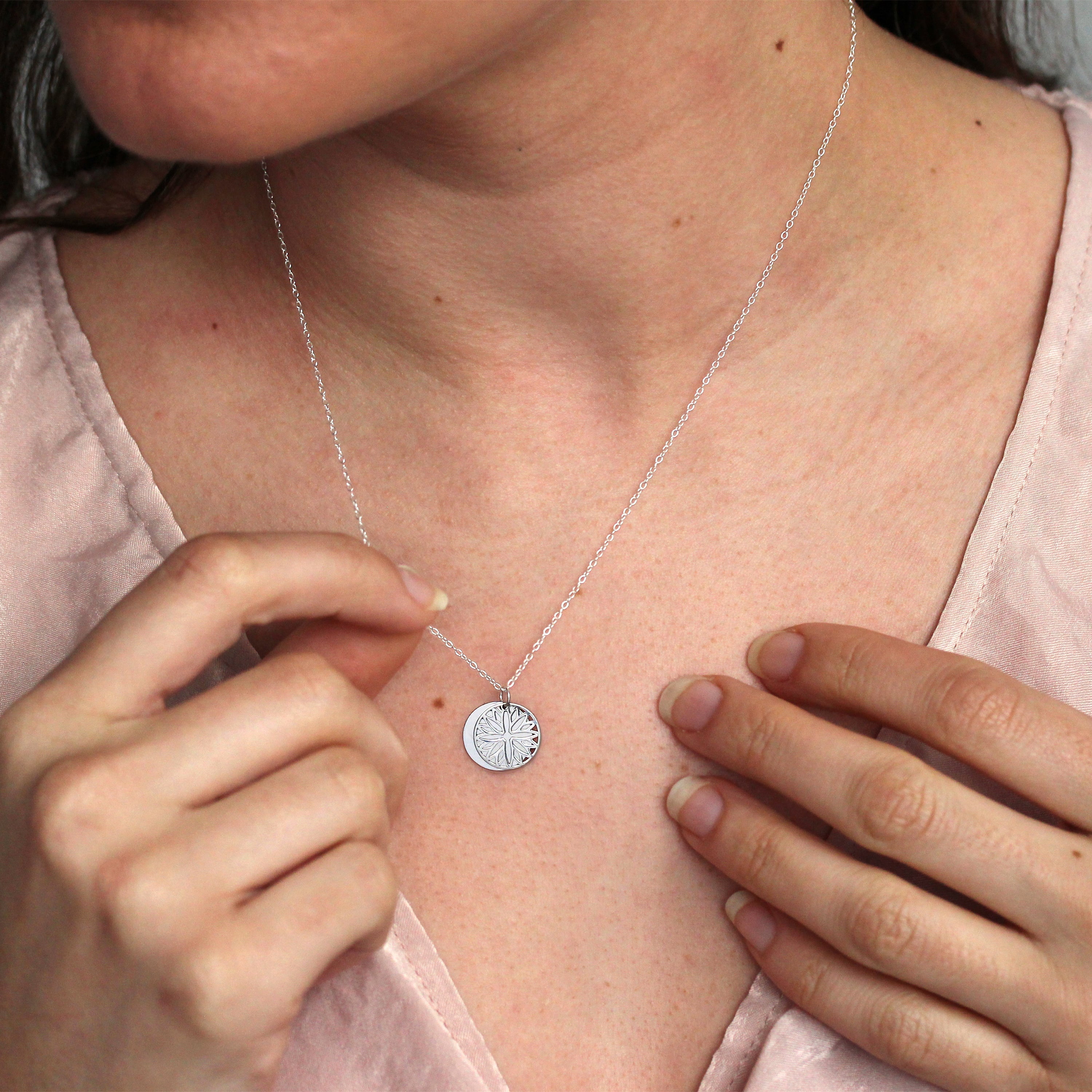 Sterling Silver September Aster Birth Flower & 13mm Engravable Tag Necklace 14 - 22 Inches