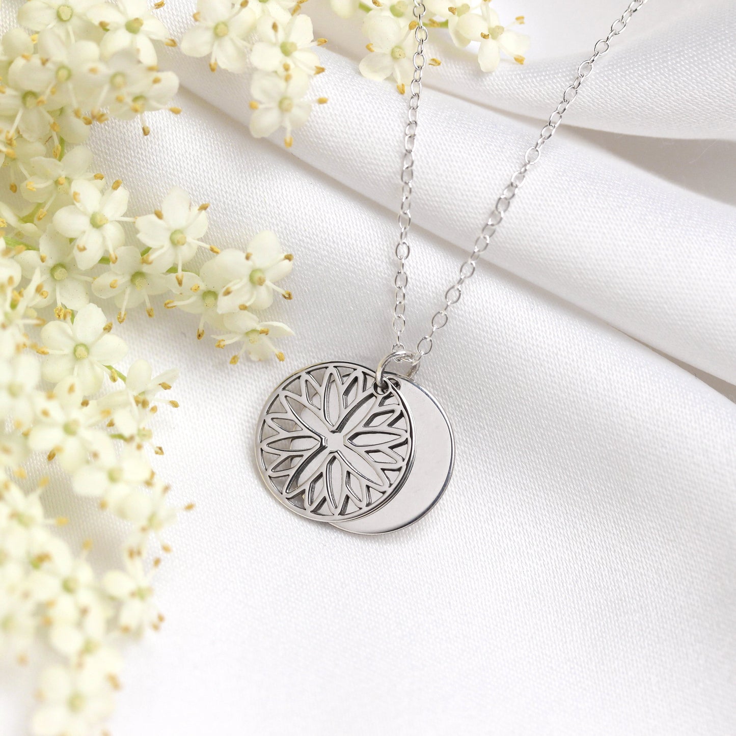 Sterling Silver September Aster Birth Flower & 13mm Engravable Tag Necklace 14 - 22 Inches