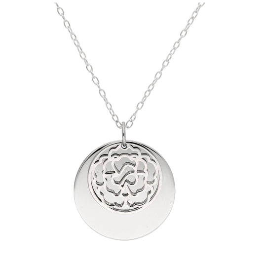 Sterling Silver January Carnation Birth Flower & 18mm Engravable Tag Necklace 14 - 22 Inches