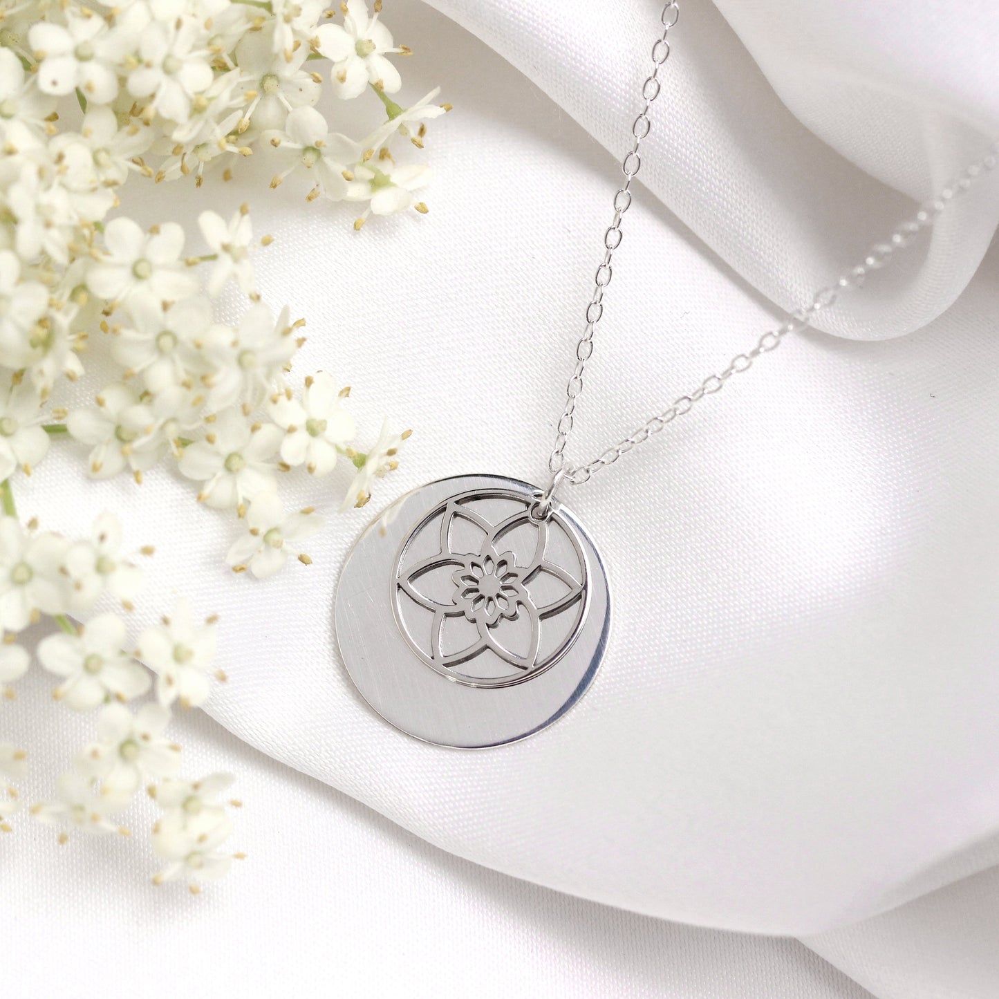 Sterling Silver March Daffodil Birth Flower & 18mm Engravable Tag Necklace 14 - 22 Inches
