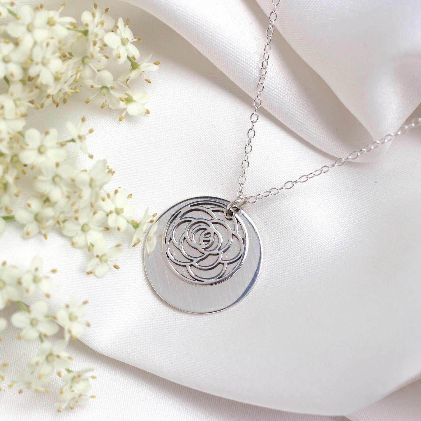 Sterling Silver June Rose Birth Flower & 18mm Engravable Tag Necklace 14 - 22 Inches
