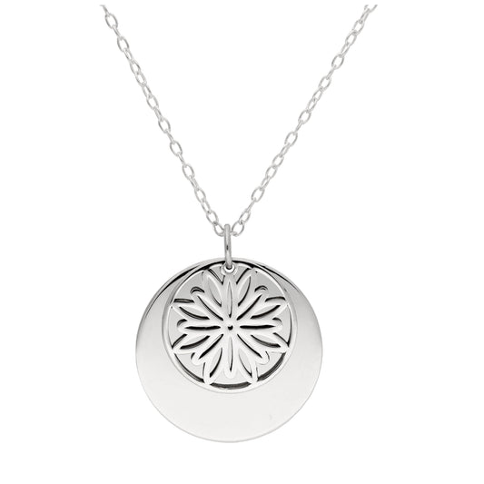 Sterling Silver Chrysanthemum Flower & 18mm Tag Necklace 14-22 Inches