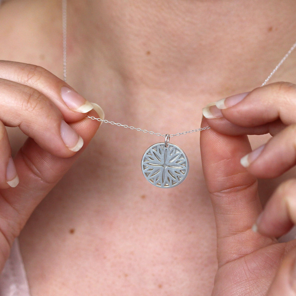 Sterling Silver Aster Flower & 18mm Tag Necklace 14-22 Inches