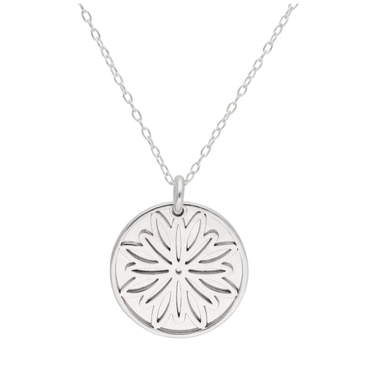 Sterling Silver Chrysanthemum Flower & 18mm Tag Necklace 14-22 Inches