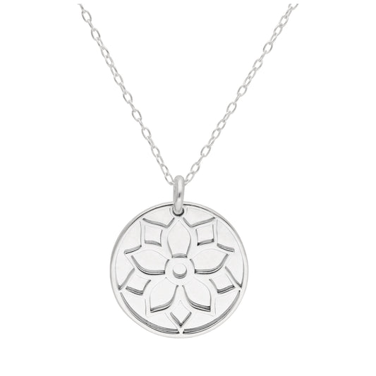 Sterling Silver Poinsettia Flower & 18mm Tag Necklace 14-22 Inches