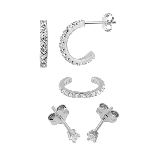 Sterling Silver CZ 10mm Hoop Stud & CZ Ear Cuff Earrings Set