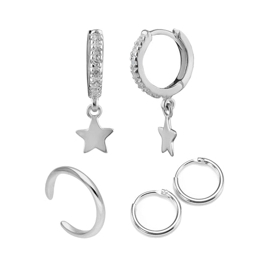 Sterling Silver Star Huggies & Hoops & Cuff Earrings Set