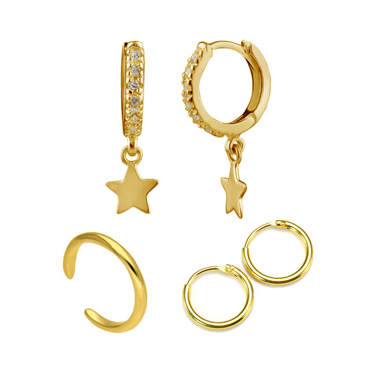 Gold Plated Sterling Silver Star Huggies & Hoops & Cuff Earring Set