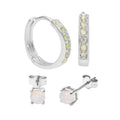 Sterling Silver Opal CZ 15mm Huggies & 4mm Stud Earrings Set