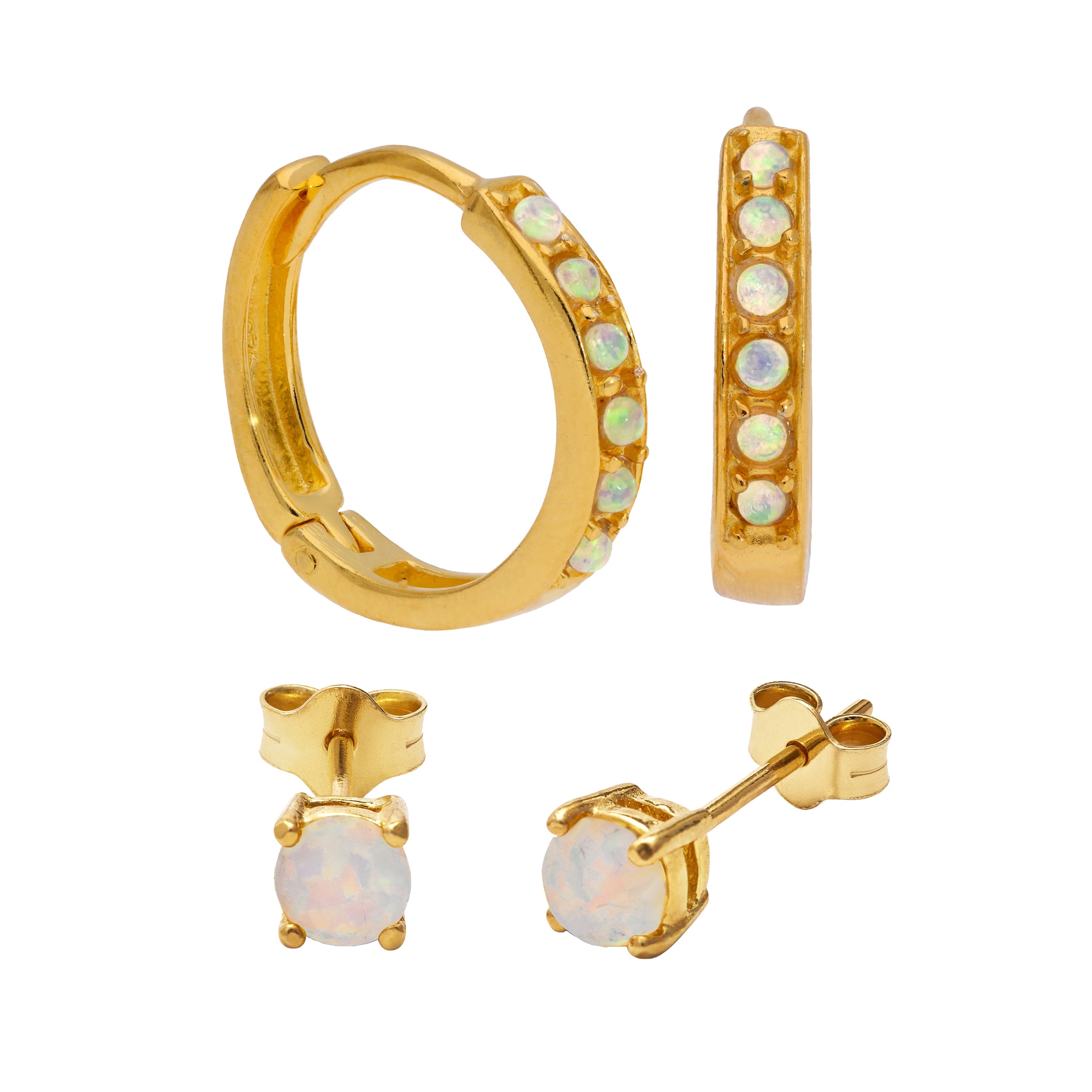 Gold Plated Sterling Silver Opal 15mm Huggies & 4mm Stud Earrings Set
