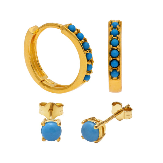 Gold Plated Sterling Silver Turquoise CZ Huggies & 4mm Stud Earrings Set