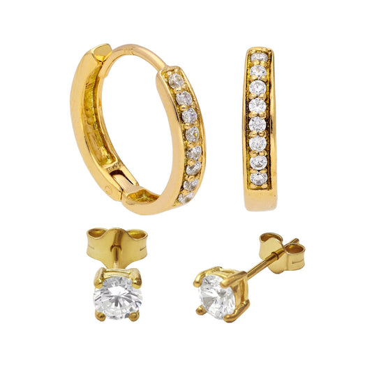 Gold Plated Silver CZ 15mm Huggies & 4mm Stud Earrings Set - jewellerybox