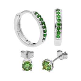 Sterling Silver Emerald CZ Huggies & 4mm Stud Earrings Set