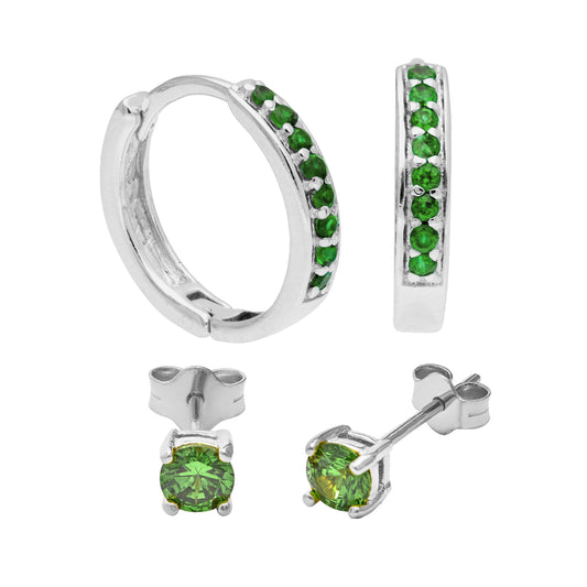 Sterling Silver Emerald CZ Huggies & 4mm Stud Earrings Set