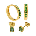 Gold Plated Sterling Silver Emerald CZ Huggies & 4mm Stud Earrings Set